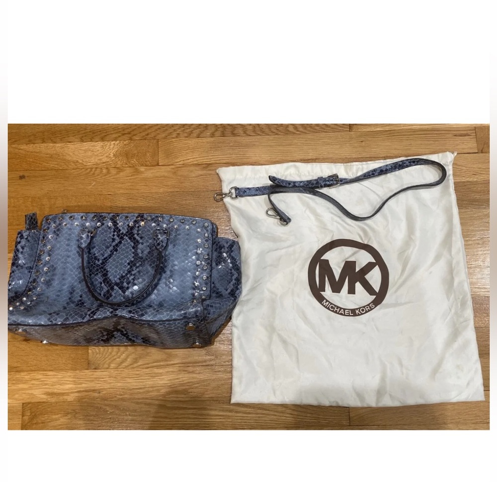 MICHAEL KORS LARGE SELMA DENIM BLUE PYTHON SNAKE JEWEL SATCHEL PURSE LV DG GG